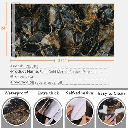 VEELIKE Slate Gold Marble Contact Paper for Countertops Waterproof Self Adhesive Countertop Contact Paper 24''x118'' Peel and Stick Countertops Black Marble Wallpaper for Bathroom Kitchen Counter Top - size: 24" x 118"