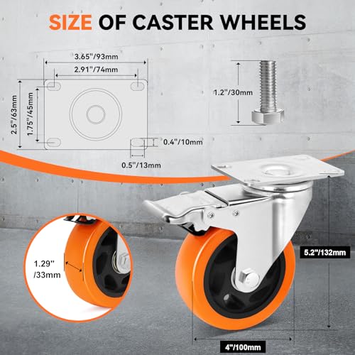 W B D WEIBIDA 4 Inch Swivel Casters with Brake Set of 4 Heavy Duty of 1200 lbs, Safety Dual Locking Plate Castors, No Noise Wheels for Furniture, Workbench and Carts(Nuts & Bolts & 2 Spanners) - size: 4 INCH
