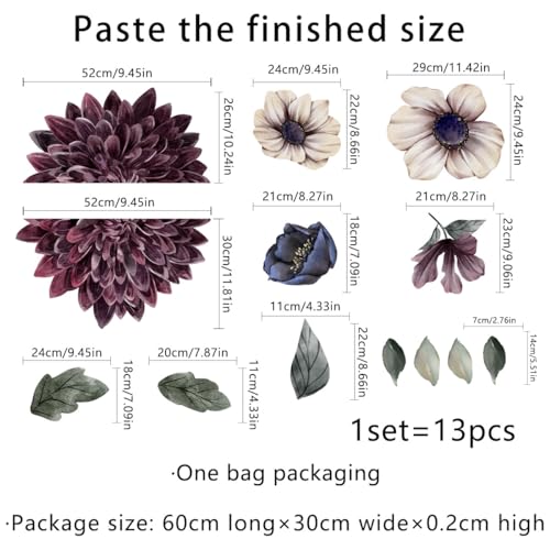 Large 3D Boho Floral Flower Wall Decals for Girls Bedroom Home Backdrop Decorations Living Room TV Background Decor