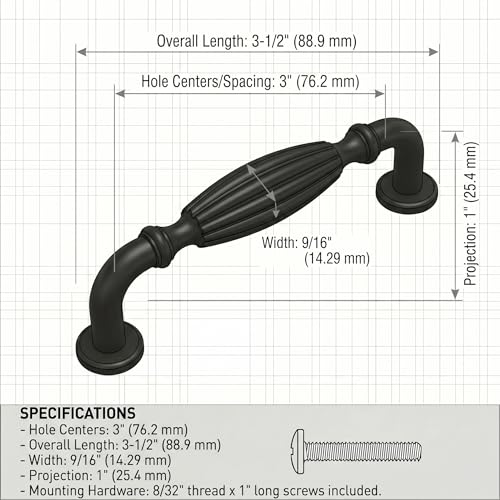 Cosmas 10 Pack 7119FB Flat Black Ribbed Pull 3 Inch Hole Centers