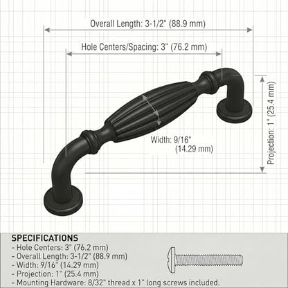 Cosmas 10 Pack 7119FB Flat Black Ribbed Pull 3 Inch Hole Centers