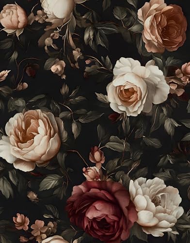 Laatse Vintage Black Red Rose Floral Wallpaper Peel and Stick 17.5"x118" - color: Red&White, size: 17.5" x 118"