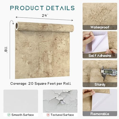 VEELIKE Aged Tan Concrete Wallpaper Peel and Stick Distressed Beige Limewash Wallpaper for Bedroom Bathroom Renters 24''x118'' Removable Self Adhesive Concrete Contact Paper for Countertop Accent Wall - size: 24" x 118"