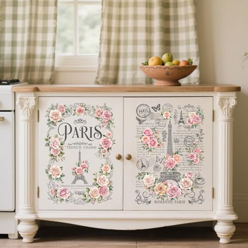 Peacoblue Floral Paris Tower Rub On Transfers for Furniture 6"x12" - style: Retro Floral Shading Paris Tower