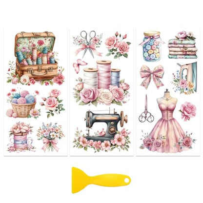 Peacoblue Pink Flowers, Sewing Rub On Transfers for Furniture Craft 6"x12" - style: Pink Flowers and Sewing