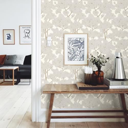 JiffDiff Tree Wallpaper Peel and Stick Jungle Wall Paper Forest Mural Stick on Wallpaper Modern Waterproof Self Adhesive Contact Paper (17.3" x 120" Cream) - color: Cream, size: 17.3" x 120"