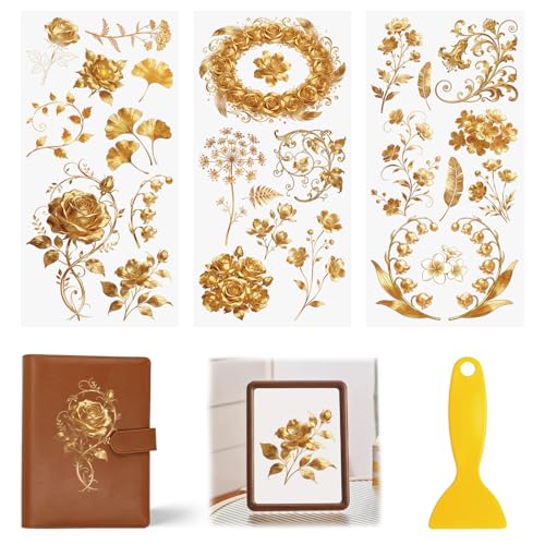 Rub On Transfers for Crafts, 3pcs Floral Foil Stamping Theme Transfers UV DTF Stickers Waterproof Decals Furniture for Wood Scrapbook Door Window DIY Home Decor - color: Golden Flowers