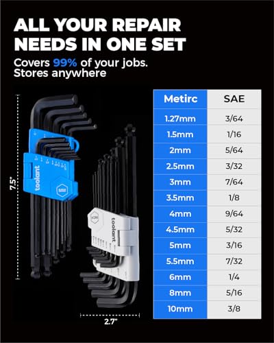 toolant Allen Wrenches Sets 26pcs(Metric&SAE), Long Arm Allen Wrench with Ball End, Metric Hex Key Set 1.27mm- 10mm, SAE Hex Key Set 3/64"- 3/8", Holder Design for Auto Maintenance and DIY Projects - size: 26PCS (Metric&SAE)