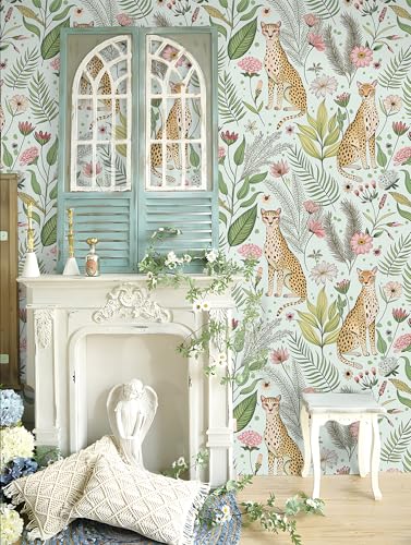 Floralplus Wallpaper Peel and Stick Jungle Leopard Wallpaper - color: Mint Green, size: 17.5" x 118"