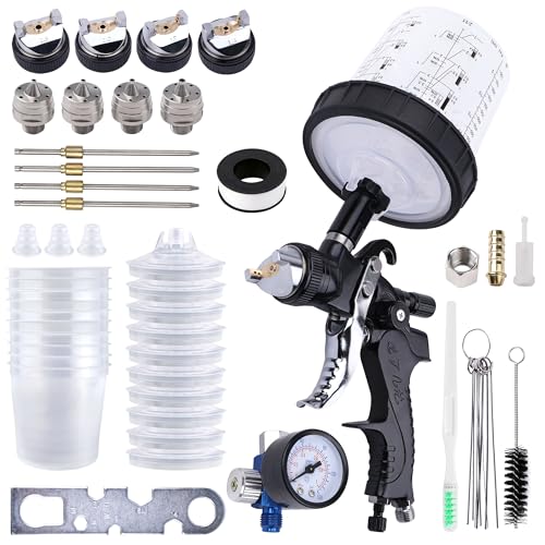 HVLP Spray Gun Kit, 4 Nozzles,10 Disposable Paint Cup System,Black - color: black