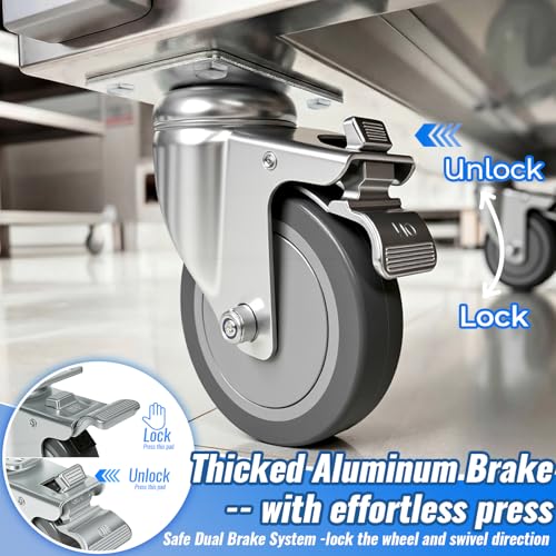 5 Inch Swivel Casters Set of 4 with 2 Brake, Heavy Duty Grey Polyurethane Wheels, 360-Degree Silent Smooth Rotation, 1240 lbs Capacity 4-Pack for Carts, Industrial Equipments, Workbench - style: 5 Inch