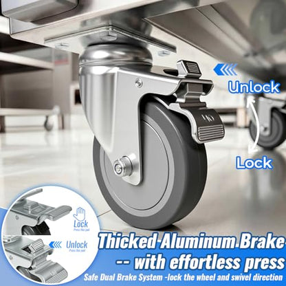 5 Inch Swivel Casters Set of 4 with 2 Brake, Heavy Duty Grey Polyurethane Wheels, 360-Degree Silent Smooth Rotation, 1240 lbs Capacity 4-Pack for Carts, Industrial Equipments, Workbench - style: 5 Inch