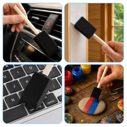 8 Pack Foam Paint Brushes, 1.6 Inch Width, Black, Wooden Handle
