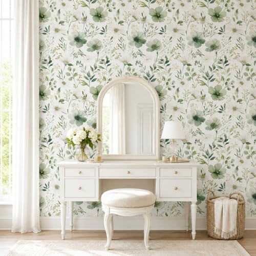 Sage Green Floral Peel and Stick Wallpaper 17.7" x 118" - color: Sage Green & White, size: 17.7" x 118"
