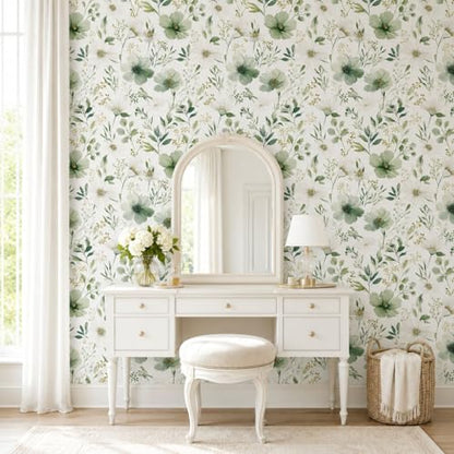 Sage Green Floral Peel and Stick Wallpaper 17.7" x 118" - color: Sage Green & White, size: 17.7" x 118"