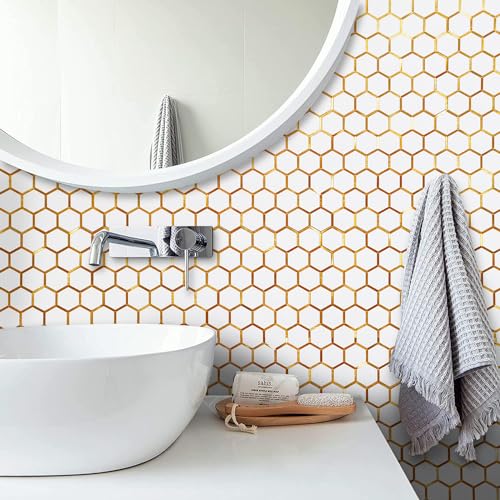 DICOFUN 1 Sheet Hexagon Peel and Stick Backsplash Tile, Polished White Tile Look Mixed Gold Kitchen Backsplash Peel and Stick Wall Tiles - color: White Tile + Gold Metal Frame, size: 1 Sheet, 12''x12''x0.12''