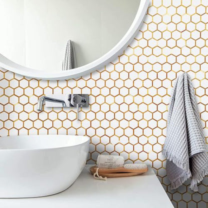 DICOFUN 1 Sheet Hexagon Peel and Stick Backsplash Tile, Polished White Tile Look Mixed Gold Kitchen Backsplash Peel and Stick Wall Tiles - color: White Tile + Gold Metal Frame, size: 1 Sheet, 12''x12''x0.12''