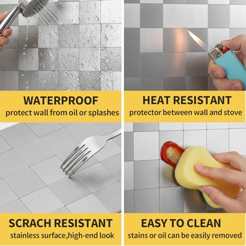Yipscazo 10 Sheet Peel and Stick Backsplash Mosaic Tiles Stainless Steel Metal Look Kitchen Backsplash Stick on Tiles for Stove, Bathroom, Laundry in Silver (11.8'' x 11.8'') - color: Square Sheet