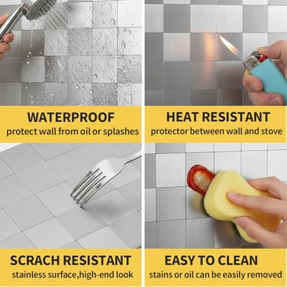 Yipscazo 10 Sheet Peel and Stick Backsplash Mosaic Tiles Stainless Steel Metal Look Kitchen Backsplash Stick on Tiles for Stove, Bathroom, Laundry in Silver (11.8'' x 11.8'') - color: Square Sheet