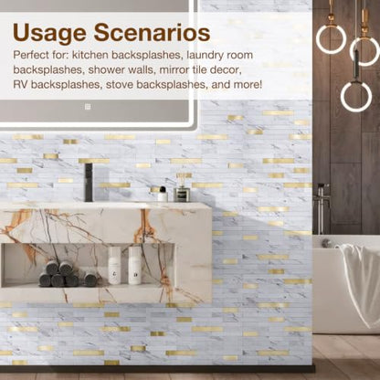 Peel and Stick Backsplash Tile Waterproof Removable PVC Wall Sticker 3D Faux Stone Marble Brick White Accent Panels (American Walnut - Metal Gold, 40 Tiles - 18 sq. ft. (1.68 m²)) - color: American Walnut - Metal Gold, size: 40 Tiles - 18 sq. ft. (1.68 m²