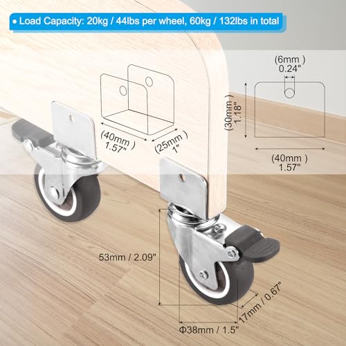 PATIKIL 1.5" Swivel Caster Wheels with 1" U Bracket, 4 Pack Mute Moving Swivel Wheel Replacement with Brake Total Load 132lbs for Cabinet Furniture Table - size: 1.5"