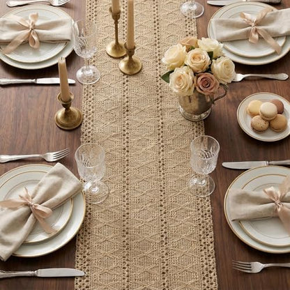 Burlap Boho Table Runner Macrame Brown 72in Farmhouse Woven Runner - color: Brown, size: 12'' x 72''