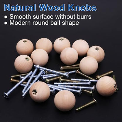 12pcs Wooden Cabinet Knobs, Unfinished Wooden Drawer Knobs Round Wood Ball Dresser Knob Pulls Handles for Kitchen Furniture Cupboard Closet (0.94 inch)
