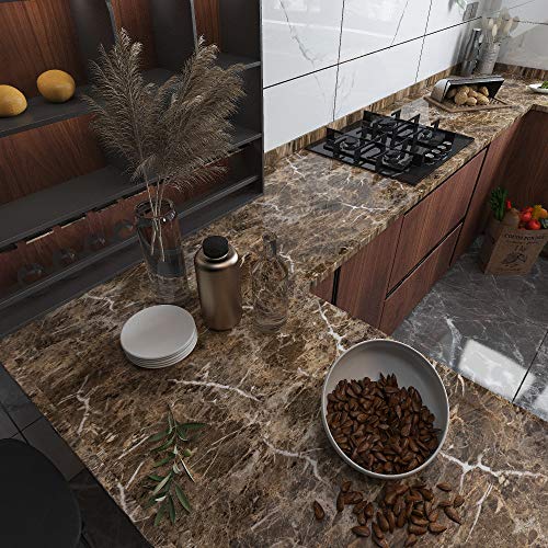 Burgeliy Peel and Stick Waterproof Wallpaper15.8×196in Vinyl Wrap Protector Auto Modification Tint Film Dark Brown Marble Shiny Granite for Kitchen Countertops Table Desk Furniture Self Adhesive Film - size: 15.8"W x 80"L