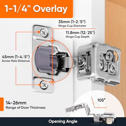 Decobasics 2 Pack Soft Close Cabinet Hinges 1-1/4" Overlay for Kitchen Cabinet Doors, Slow Self-Closing Concealed Hidden Hinges for Face Frame –Stainless Steel, 3-Way Adjustable & Quiet Close Damper - size: 1-1/4 Inch