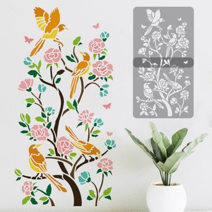 2pcs 11.8"x11.8" Chinoiserie Magpie on Tree Branch Wall Stencil Templates, Birds and Flower Reusable Plastic Stencil for Painting on Wood Floor Tile Fabric Glass Furniture DIY Home Decor - style: Magpie