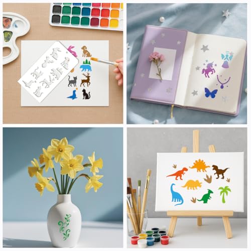 12 Sheets Decorative Painting Templates, 96 Styles Crowns Flowers Animals Christmas Halloween Drawing Templates Reusable Border Stencil for Painting on Wall Wood Home Holiday Decor - style: Mixed Elements