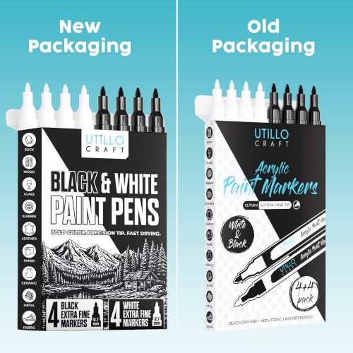 Utillo Craft Black and White Paint Pens (8-Pack), 0.7mm Extra Fine Markers - color: White+Black