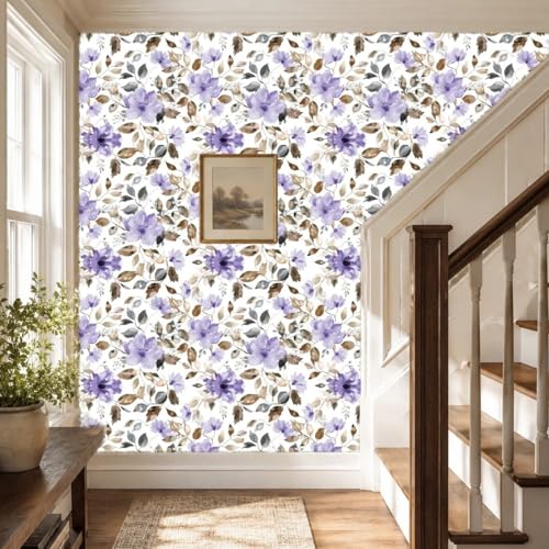 Modern Purple Floral Peel and Stick Wallpaper 17.7" x 124" - color: Purple/Brown, size: 17.7" x 124"