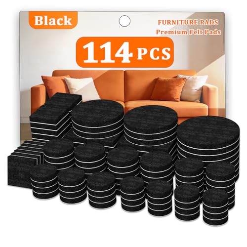 Felt Furniture Pads 114 PCS, 7 Sizes, Felt Pads for Chair Legs, Suitable for Round and Square Chair Legs, to Prevent Scratches, Reduce Noise and Protect The Floor (Black)