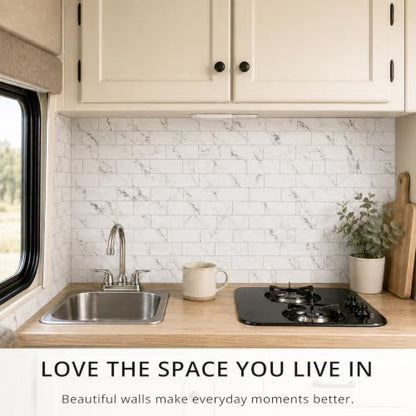 StyloVue 100 Pieces Peel and Stick Backsplash for Kitchen, 3" x 6" PVC Subway Tile, 2026 Upgraded Volakas White Marble, Stick on Wall Tile for Kitchen, Bathroom, Fireplace, RV - color: Volakas White Marble