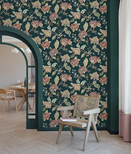NextWall Kianna Jacobean Floral Peel and Stick Wallpaper (Victorian Jade) - color: Victorian Jade