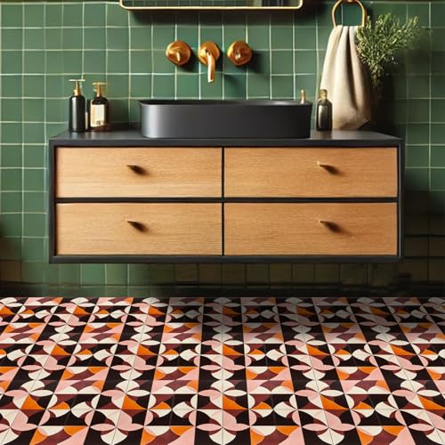 HOMETITUTE Retro Geometric Art 12x12 Inch Peel Stick Vinyl Floor Tile - color: Orange, Pink