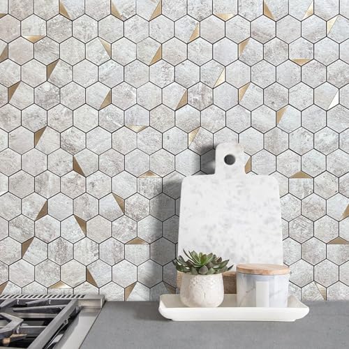 DICOFUN 1 Hexagon Tile Peel and Stick Backsplash, Beige Stone Look PVC Mixed Gold Metal Mosaic Tiles - color: Stone Beige + Gold Metal Chip, size: 1 Sheet, 12''x12''x0.12''
