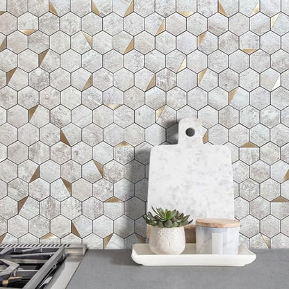 DICOFUN 1 Hexagon Tile Peel and Stick Backsplash, Beige Stone Look PVC Mixed Gold Metal Mosaic Tiles - color: Stone Beige + Gold Metal Chip, size: 1 Sheet, 12''x12''x0.12''
