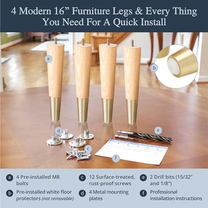 Airy Abode Premium Ash Wood Furniture Legs with Gold Caps (Full Install Kit) - Pick Your Size and Color - color: Ash / Gold, size: 16 Inches