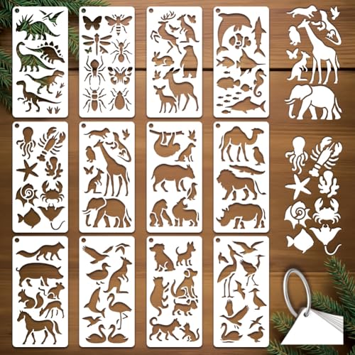 12 Sheets Animals-Themed Stencils for Painting, 12 Styles Dinosaur Butterfly Fish Dog Duck Pig Drawing Templates Cute Sign Plastic Art Templates for Painting on Wall Wood Home Decor - style: Animals and Insects