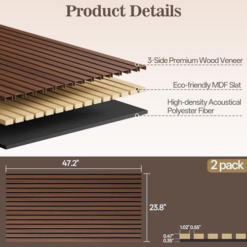 2 Pack Acoustic Wood Panels for Wall 47.24" x 23.81" Soundproof - color: Walnut, size: 47" x 23" (2 PCs)