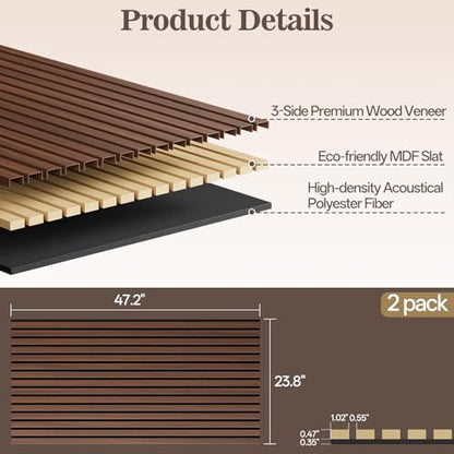 2 Pack Acoustic Wood Panels for Wall 47.24" x 23.81" Soundproof - color: Walnut, size: 47" x 23" (2 PCs)