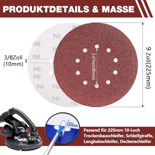 50 Pack 9-Inch 10-Hole Hook-and-Loop Sanding Disc, 40 Grit Aluminum Oxide Drywall Sandpaper for ‎9" Drywall Sander Pads Ceiling Wood Floor - color: 40 GRIT