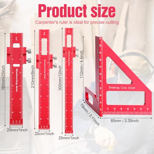 4 Pcs Woodworking Ruler, Metal Precision Pocket Rulers 12, 8, 6 Inch with 3D Multi Angle Measuring Ruler 45/90 Degree for Precision Measuring Marking Inch and Metric