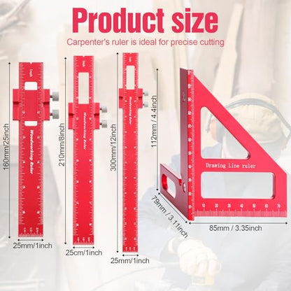 4 Pcs Woodworking Ruler, Metal Precision Pocket Rulers 12, 8, 6 Inch with 3D Multi Angle Measuring Ruler 45/90 Degree for Precision Measuring Marking Inch and Metric