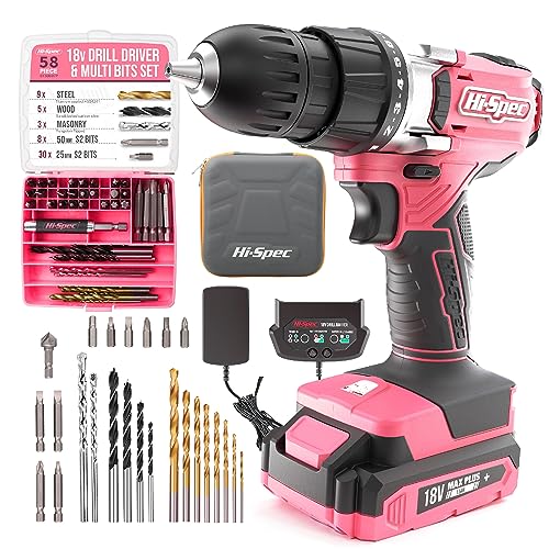 Hi-Spec 18V Cordless Drill Driver Set for Wood, Steel and Concrete, Pink - color: Pink