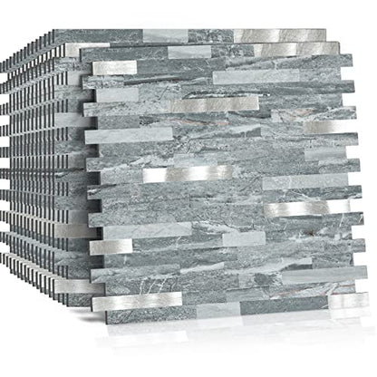 Midcard 10 Sheets Peel and Stick Backsplash PVC Wall Tile,for Kitchen Backsplash - color: Rectangular Dark blue with metallic silver