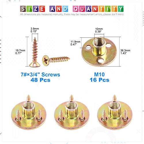 Glarks 64Pcs M10(3/8'') Brad Hole Tee Nut with Mounting Screws Set Zinc Plated Carbon Steel 3-Hole T-Nuts Furniture Hardware Flange Insert Female Thread for Wood Furniture - size: 3/8''(M10) - 64Pcs