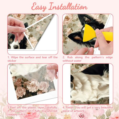 Peacoblue Border Collie Rub On Transfers for Furniture Craft 6"x12" - style: Border Collie and Flower